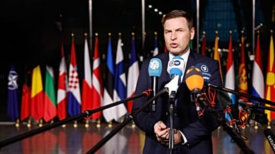 Estonia's now-resigned Defense Minister Hanno Pevkur speaking at NATO headquarters in Brussels, Belgium, 12 February 2026.