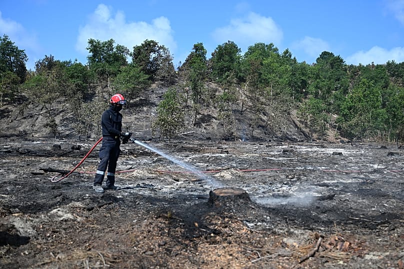 A firefighter works to extinguish fires near Lege-Cap-Ferret, southwestern France, Friday, July 31, 2026. (AP Photo/Emma Da Silva)