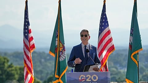 FILE. US Treasury Secretary Scott Bessent speaks to reporters during a news conference at the conclusion of the G20 Finance Ministerial in North Carolina, 1 Sept. 2026