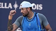 Nick Kyrgios, of Australia, reacts during his match against Mackenzie McDonald at the Miami Open tennis tournament, Wednesday, March 19, 2025, in Miami Gardens, Fla.