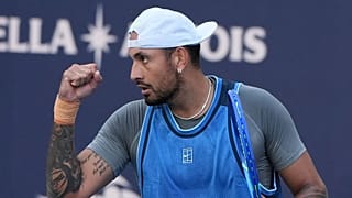 Nick Kyrgios, of Australia, reacts during his match against Mackenzie McDonald at the Miami Open tennis tournament, Wednesday, March 19, 2025, in Miami Gardens, Fla.