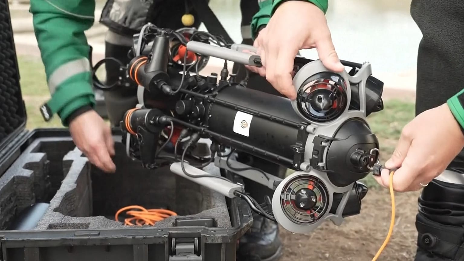 An underwater drone used by London Ambulance Service during a water rescue training exercise.