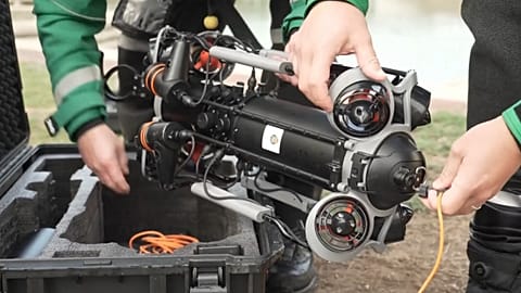 An underwater drone used by London Ambulance Service during a water rescue training exercise.
