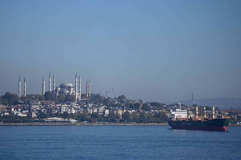 A cargo ship anchors in the Marmara Sea as Hagia Sophia historical mosque is seen in background in Istanbul, 1 October, 2022