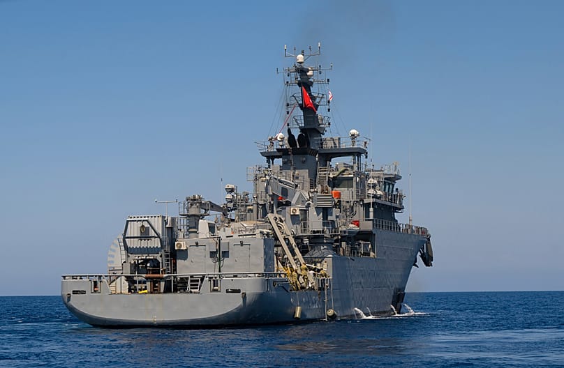 A Turkish ship takes part in a search operation for people missing after a ferry disaster off the coast of Cyprus, near the port of Kyrenia.