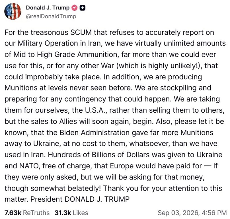 A screenshot of a post on US President Donald Trump's Truth Social account, 4 September, 2026