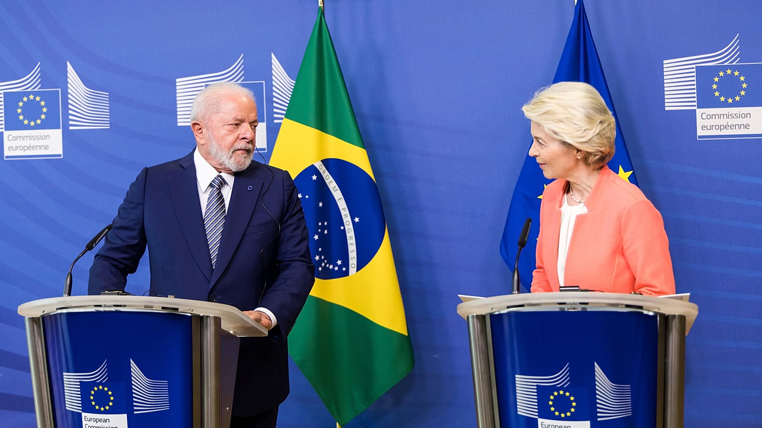 European Commission President Ursula von der Leyen, right, and Brazil's President Lula da Silva address the media in Brussels, July 17, 2023.