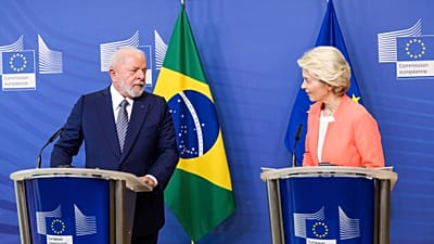 European Commission President Ursula von der Leyen, right, and Brazil's President Lula da Silva address the media in Brussels, July 17, 2023.