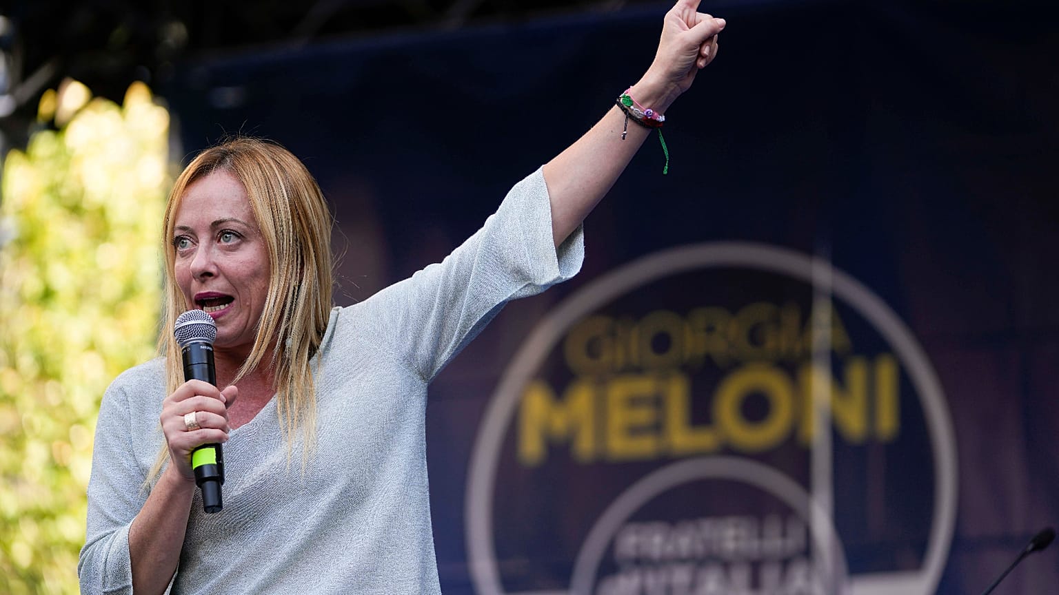 Giorgia Meloni speaks at a rally ahead of the 25 September general election, in Ancona, Italy, Tuesday 23 August 2022. (AP Photo/Domenico Stinellis, File)