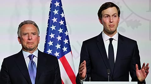 Steve Witkoff and Jared Kushner attend a press conference in Paris in January, 2026.