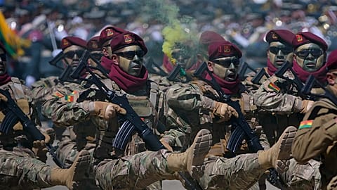 Soldiers march during a military parade commemorating the 201st anniversary of Bolivia's army in El Alto, Bolivia, Friday, Aug. 7, 2026.