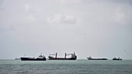 Commercial vessels lie anchored in the Strait of Hormuz off Bandar Abbas, Iran, Friday, Sept. 4, 2026.