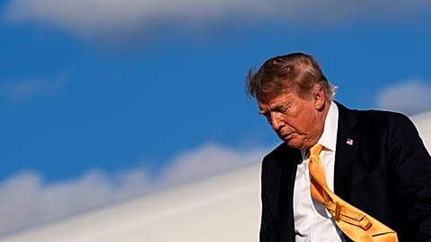 President Donald Trump disembarks Air Force One at Morristown Airport, Friday, Sept. 4, 2026, in Morristown, N.J.
