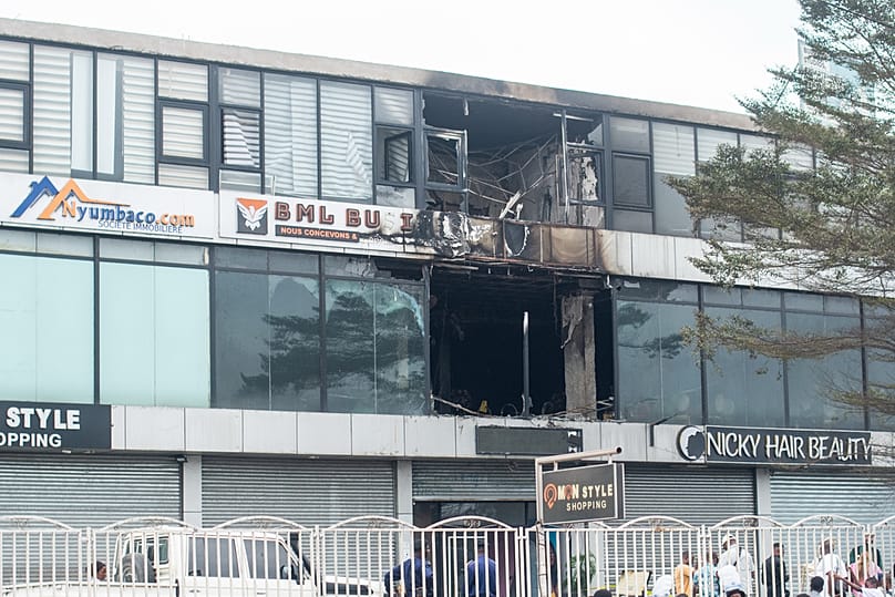 A view of a party hall's facade in the aftermath of a fire that broke out in the building hosting a wedding party in Lingwala, Congo, Saturday, Sept. 5, 2026. 