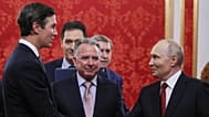 President Vladimir Putin, right, greets U.S. President Donald Trump's envoys Jared Kushner, left, and Steve Witkoff, centre, prior to talks at the Senate Palace of the Kremlin
