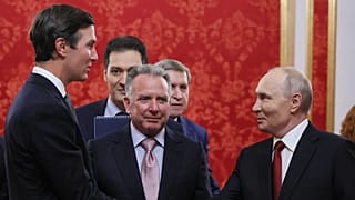 President Vladimir Putin, right, greets U.S. President Donald Trump's envoys Jared Kushner, left, and Steve Witkoff, centre, prior to talks at the Senate Palace of the Kremlin