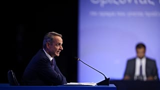Ο πρωθυπουργός Κυριάκος Μητσοτάκης μιλά κατά τη διάρκεια συνέντευξης Τύπου, στο πλαίσιο της 90ης ΔΕΘ, στο συνεδριακό κέντρο «Ι. Βελλίδης»