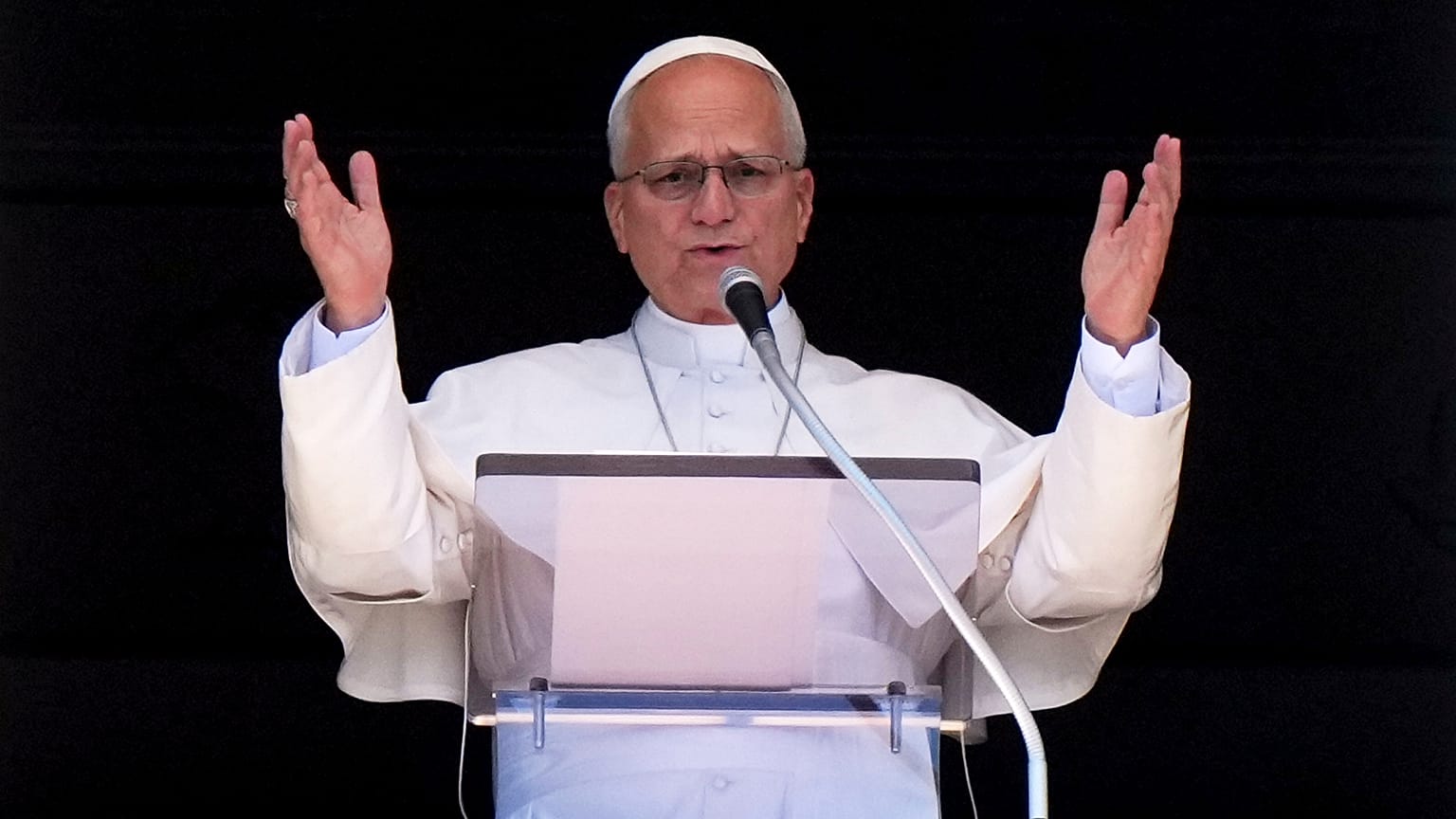 Pope Leo XIV delivers his blessing as he recites the Angelus noon prayer from the window of his studio overlooking St.Peter's Square, at the Vatican, Sunday, Sept. 6, 2026. (A