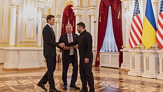 Ukraine's President Volodymyr Zelenskyy, shakes hands with U.S. President Donald Trump's envoys Jared Kushner, and Steve Witkoff at Mariinsky palace in Kyiv, Ukraine, 06.09.26