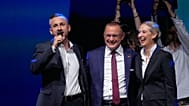 Spitzenkandidat Ulrich Siegmund (AfD) und die AfD-Bundessprecher Alice Weidel und Timo Chrupalla auf der Wahlparty der AfD, 6. September 2026