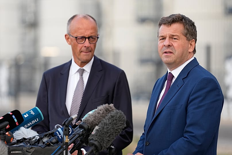 Ministerpräsident Sven Schulze (CDU) und Kanzler Friedrich März (CDU) beim Wahlkampf in Sachsen-Anhalt, 3. September 2026