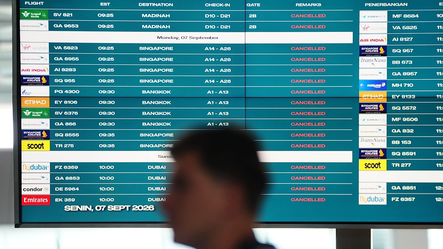 A man walks past an information board showing cancelled flights due to the eruption of Mount Anak Krakatau at Soekarno-Hatta International Airport, 7 September, 2026