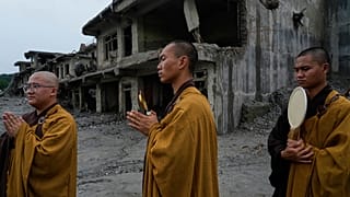 Buddhist monks offer prayers for the departed soul of the victims of flash flood on the bank of Trishuli river in Devighat, 5 September, 2026