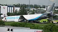 An Amazon cargo plane sits at the Miami International Airport (MIA) after it overshot the runway, Sunday, Sept. 6, 2026.