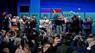 AfD party members celebrate after the first results at an election party of the "Alternative for Germany" (AfD) after the Saxony-Anhalt state elections on Sept. 6, 2026.