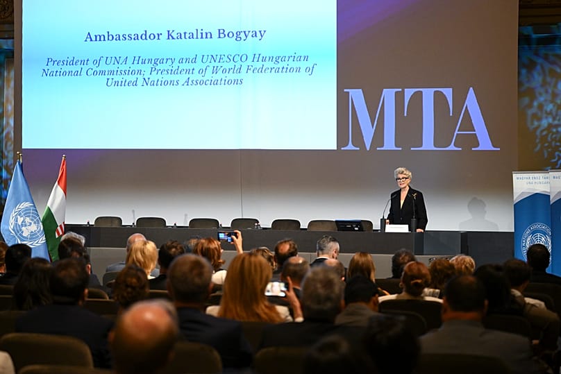 Bogyay Katalin nagykövet, a Magyar ENSZ Társaság és az UNESCO Magyar Nemzeti Bizottság elnöke az MTA-n 2026. szeptember 7-én 