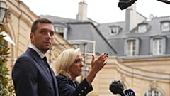 FILE: French far-right leader Marine Le Pen and Rassemblement National Jordan Bardella speak to the media after a meeting with French Prime Minister, Paris, 2 September 2025.