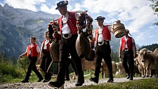 Alphirten steigen am Samstag, dem fünften September 2020, von der Dunkelberndli-Alp bei Schwende in der Schweiz mit ihrem Vieh ins Tal.