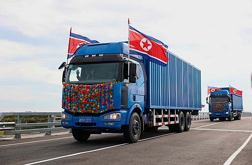 North Korean trucks drive across the new bridge between Russia and North Korea, 7 September, 2026