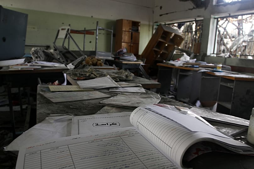 A damaged school in Gaza, dated 2015.