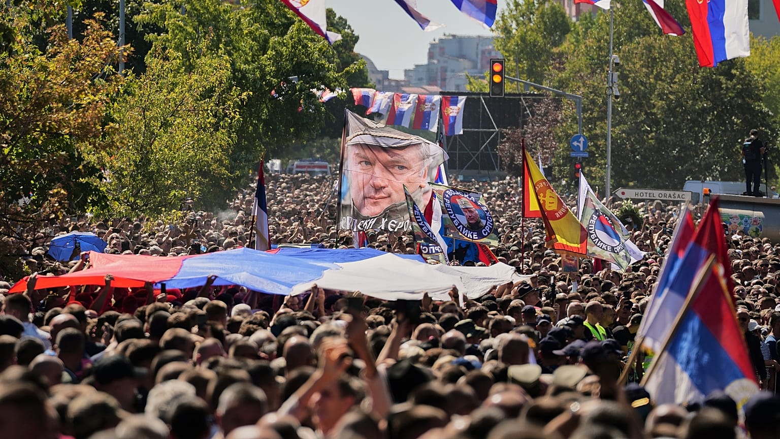 Funeral procession for the former Bosnian Serb army commander Ratko Mladic, after a religious service at the St. Luka Church, in Belgrade, Serbia, Monday, Sept. 7, 2026. 