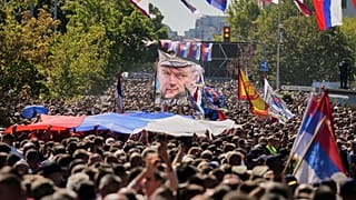 Funeral procession for the former Bosnian Serb army commander Ratko Mladic, after a religious service at the St. Luka Church, in Belgrade, Serbia, Monday, Sept. 7, 2026. 