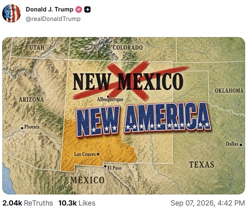 A screenshot of a post on US President Donald Trump's Truth Social account, 8 September, 2026