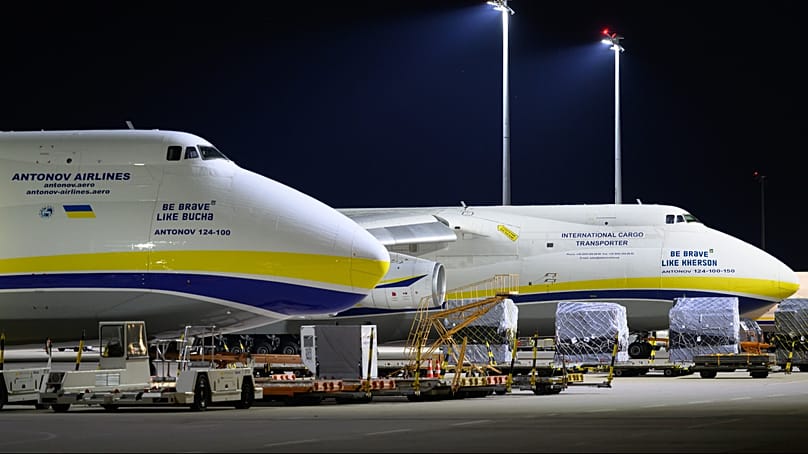 Ukrainische Antonov-Frachtflugzeuge am 5. August 2026 am Flughafen Leipzig/Halle in Schkeuditz, Deutschland