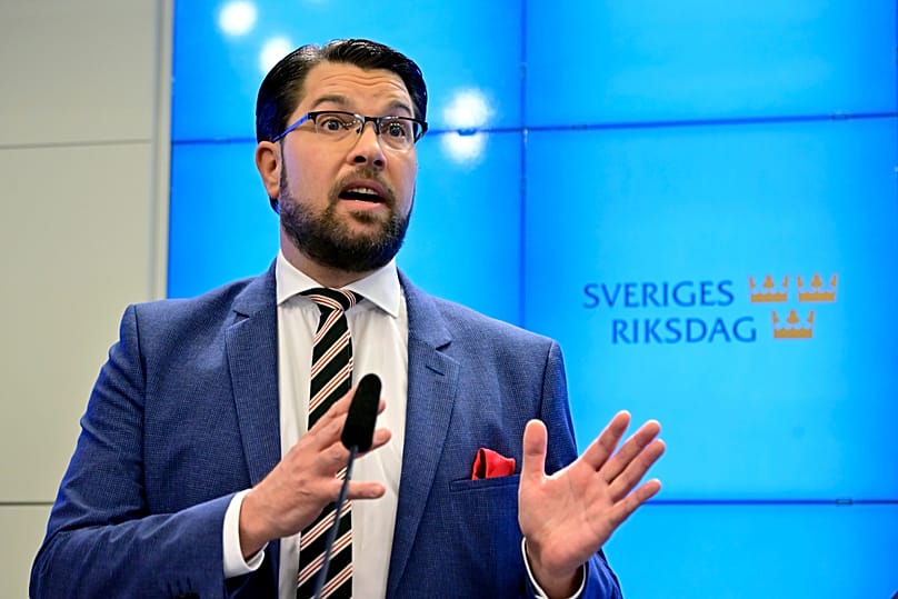 Jimmie Akesson, leader of the Sweden Democrats Party, speaks during a press conference in Stockholm, 14 October, 2022