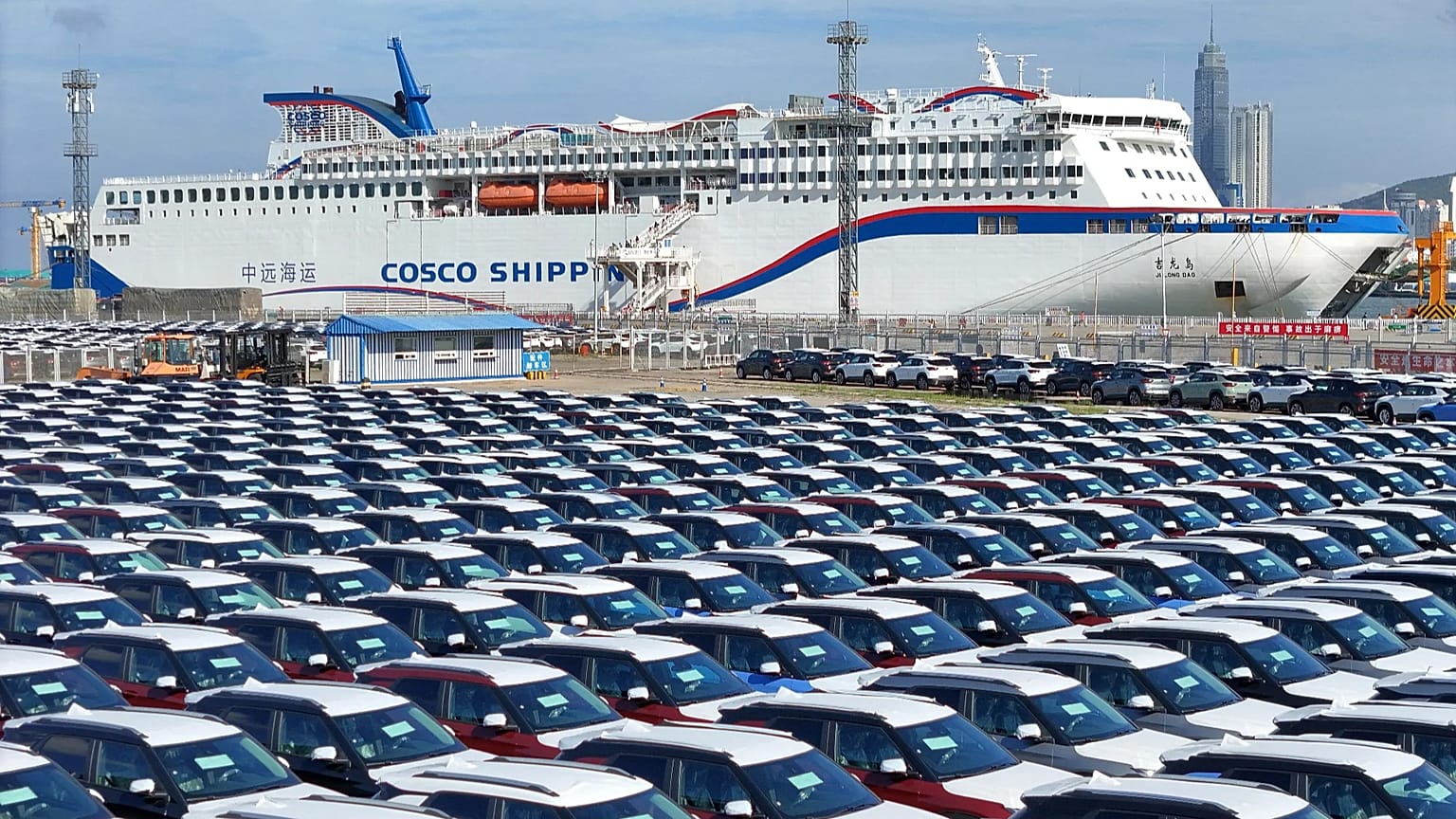 New cars wait to be transported on a dockyard in Yantai in eastern China's Shandong province.