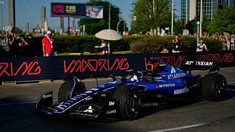 Spanish Williams driver Carlos Sainz drives his car during a demonstration of the future Madrid Formula 1 street circuit on 7 June 2025.