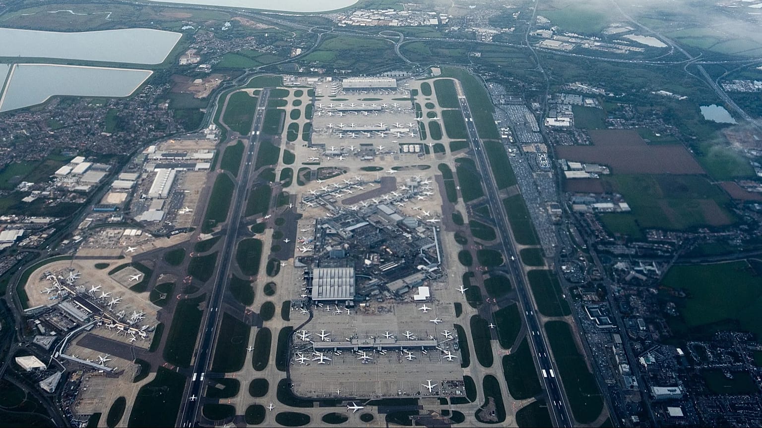 Heathrow Airport is seen from an airplane, Oct. 6, 2025, in London.
