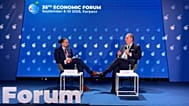 Jan Bolanowski z Euronews, i Filip Ivanović, wicepremier Czarnogóry podczas rozmowy na Forum Ekonomicznym w Karpaczu 2026 r.