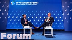 Jan Bolanowski z Euronews, i Filip Ivanović, wicepremier Czarnogóry podczas rozmowy na Forum Ekonomicznym w Karpaczu 2026 r.