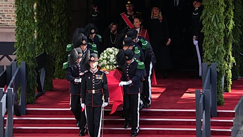 King Harald V’s coffin leaves Oslo Cathedral, followed by King Haakon VIII, Queen Mette-Marit and Queen Sonja after his funeral service in Oslo. Wednesday, 9 Sept., 2026.