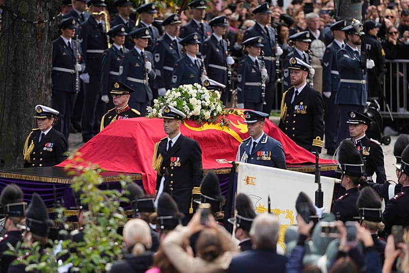 The coffin of Norway's King Harald V is carried from the Royal Palace to Oslo Cathedral during a funeral procession in Oslo, 9 September, 2026