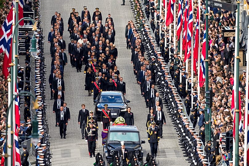 The coffin of Norway's King Harald V is carried from the Royal Palace to Oslo Cathedral during a funeral procession in Oslo, 9 September, 2026