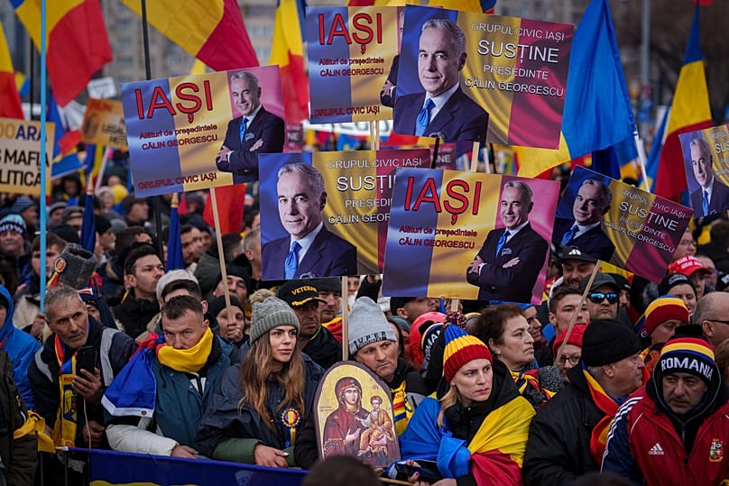  Calin Georgescu supporters during a march in Bucharest, 01/03/2025