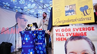 Sweden Democrats party leader Jimmie Åkesson (SD) presents the party's election manifesto for 2026 at Stora torget in Nyköping, Sweden, Monday, Sept. 7, 2026.
