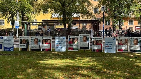 Posters of Swedish poitical parties ahead of September 13 election in central Stockholm, Sweden on September 9, 2026.